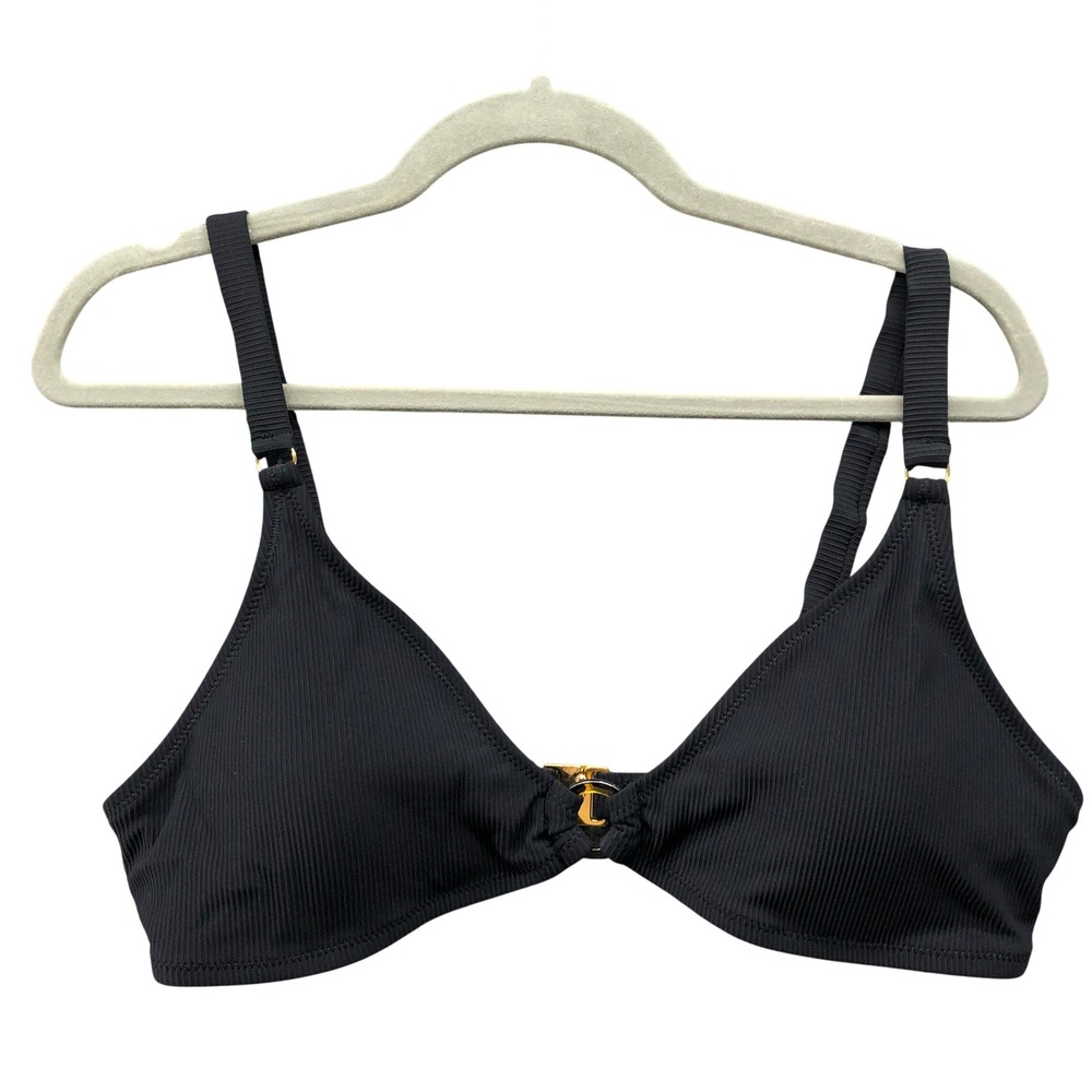 Charmo Ribbed‎ Triangle Bikini Top Womens XL Black UPF 50 Padded Ring Front